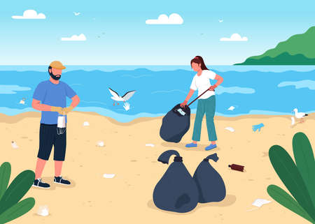 Cleaning beach from covid rubbish flat color vector illustration. Getting rid of medical garbage. Fighting with environment disaster 2D cartoon characters with tropical islands on backgroundのイラスト素材