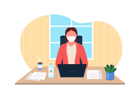 Working remotely 2D vector web banner, poster. Doing all work from house. Comunication throught internet flat characters on cartoon background. Covid printable patch, colorful web elementのイラスト素材