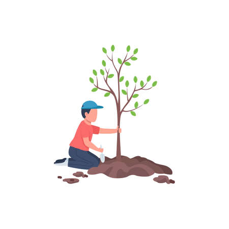 Boy planting tree flat color vector faceless character. Schoolboy caring for garden. Spring seasonal work volunteer isolated cartoon illustration for web graphic design and animationのイラスト素材
