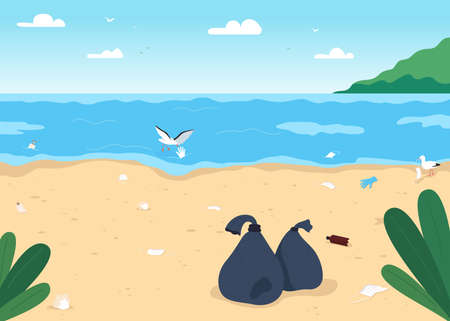 Empty dirty beach flat color vector illustration. Pandemia isolation results. No vacation during summer.のイラスト素材