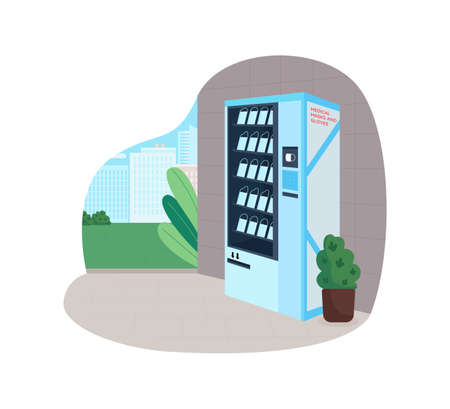 Medical equipment vending machine 2D vector web banner, poster. Protection from virus infection flat object on cartoon background.のイラスト素材
