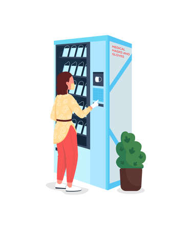 Buying plastic masks flat color vector faceless character. Vending machine for medical equipment. Pandemia social distance rules isolated cartoon illustration for web graphic design and animationのイラスト素材