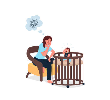 Tired mother with crying baby flat color vector detailed characters. Exhausted mom. Family problem. Postnatal depression isolated cartoon illustration for web graphic design and animationのイラスト素材