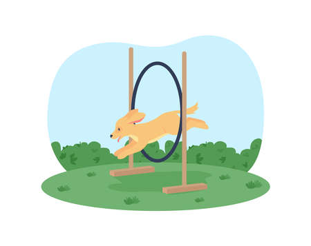 Puppy training 2D vector web banner, poster. Animal jumping through hoop flat character on cartoon background. Agility and skill competition for pets printable patch, colorful web elementのイラスト素材