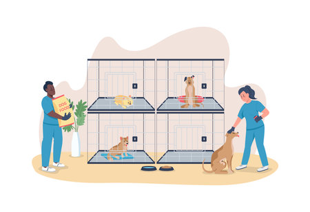 Veterinary care for dogs 2D vector web banner, poster. Feed pups. Workers in shelter for homeless animals flat characters on cartoon background. Dog rescue printable patch, colorful web elementのイラスト素材