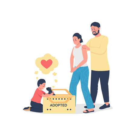 Happy caucasian family with adopted cat flat color vector detailed character. Parents with son. Save homeless animal. Pet care isolated cartoon illustration for web graphic design and animationのイラスト素材