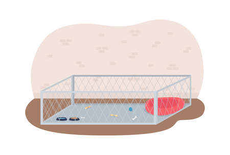 Litter for puppies 2D vector web banner, poster. Pet adoption center flat scenery on cartoon background. Rescue stray animal. Shelter for homeless dogs printable patch, colorful web elementのイラスト素材