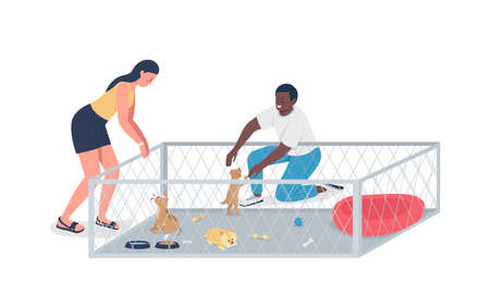 People pick puppies flat color vector detailed characters. Dogs in shelters for adoption. Happy man and woman take doggies isolated cartoon illustration for web graphic design and animationのイラスト素材