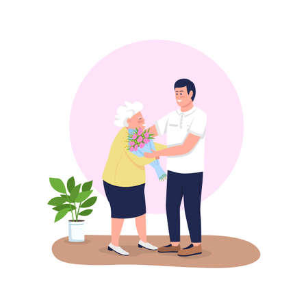 Grandson giving grandmother flowers flat color vector detailed characters. Spring holiday greeting. Mom and adult son. Mothers day isolated cartoon illustration for web graphic design and animationのイラスト素材
