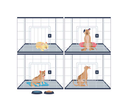Homeless dogs in shelter cages flat color vector detailed characters. Center for animals. Doggies for adoption. Veterinarian center isolated cartoon illustration for web graphic design and animationのイラスト素材