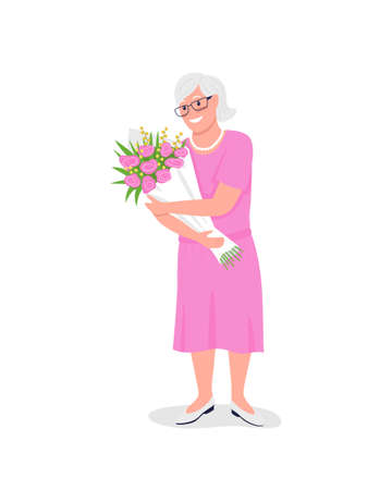 Happy senior caucasian woman with flowers flat color vector detailed character. Congratulate with retirement. Mothers day isolated cartoon illustration for web graphic design and animationのイラスト素材
