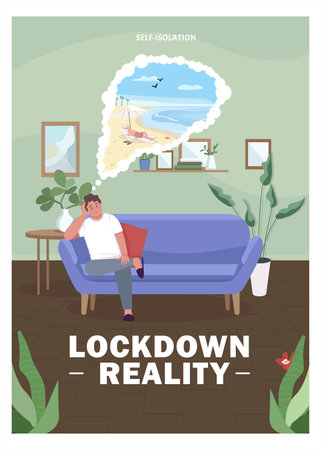 Lockdown reality poster flat vector template. Person in self-isolation. Virus spread prevention. Brochure, booklet one page concept design with cartoon characters. Stay home flyer, leafletのイラスト素材