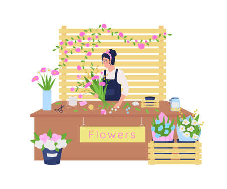 Flower workshop 2D vector web banner, poster. Florist at work flat character on cartoon background. Small business owner. Compile bouquet. Floral arrangement printable patch, colorful web elementのイラスト素材