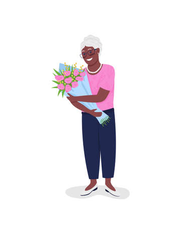 Happy mature african american woman with flowers flat color vector detailed character. Granny with bouquet. Mothers day isolated cartoon illustration for web graphic design and animationのイラスト素材