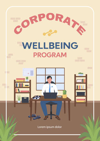 Corporate wellbeing program poster flat vector template. Manager at desk. Employee health. Brochure, booklet one page concept design with cartoon characters. Workplace workout flyer, leafletのイラスト素材