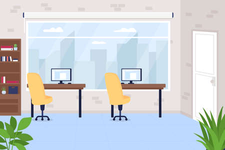 Office workspace flat color vector illustration. Job position, work in company. Corporate space. Computers on desk. Workplace for marketing team 2D cartoon interior with furniture on backgroundのイラスト素材