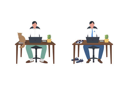 Business man at desk flat color vector faceless character set. Professional work at laptop. Workspace workout isolated cartoon illustration for web graphic design and animation collectionのイラスト素材