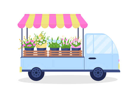 Flower cart flat color vector object. Bouquets on van. Truck with floral arrangements for selling. Small business, retail services isolated cartoon illustration for web graphic design and animationのイラスト素材