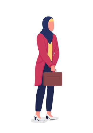 Muslim business woman flat color vector faceless character. Islamic employee with briefcase. Professional arabian worker isolated cartoon illustration for web graphic design and animationのイラスト素材