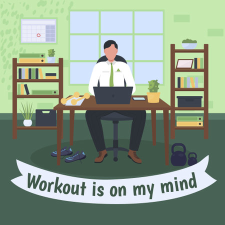 Workplace workout social media post mockup. Workout is on my mind phrase. Web banner design template. Healthy lifestyle booster, content layout with inscription. Poster, print ad and flat illustrationのイラスト素材