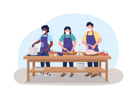 Cooking class during pandemic 2D vector web banner, poster. Chefs in training in face masks flat characters on cartoon background. Culinary course printable patch, colorful web elementのイラスト素材