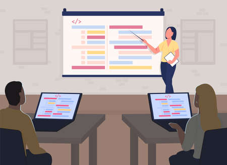 Programming course flat color vector illustration. Seminar information on projector screen....