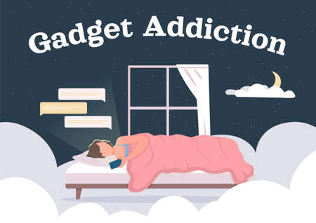 Gadget addiction poster flat vector template. Woman in bed surfing through social media. Brochure, booklet one page concept design with cartoon characters. Digital dependance flyer, leafletのイラスト素材
