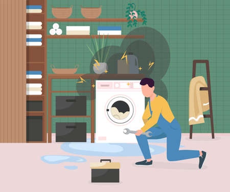 Fixing broken washing machine flat color vector illustration. Man repairing electrical appliance. Home accident. Handyman with wrench 2D cartoon character with bathroom interior on backgroundのイラスト素材