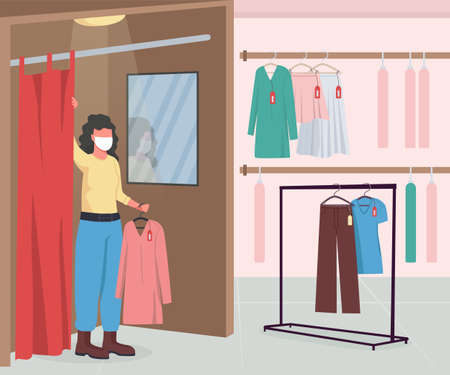 Clothing shop during epidemic flat color vector illustration. Hangers with clothes and apparel. Woman in dressing room wearing medical mask 2D cartoon character with store interior on backgroundのイラスト素材