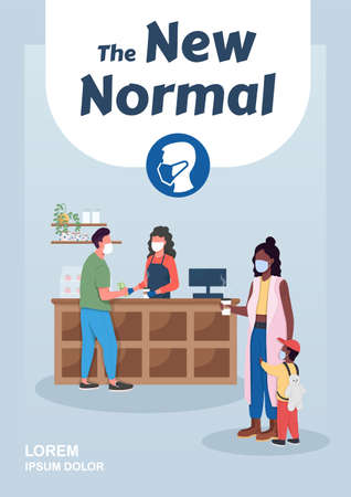 New normal poster flat vector template. Epidemic daily routine. Covid lockdown. Brochure, booklet one page concept design with cartoon characters. Pandemic quarantine flyer, leafletのイラスト素材
