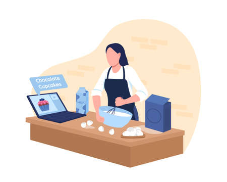Baking cupcakes with online tutorial 2D vector web banner, poster. Woman prepare food in kitchen flat characters on cartoon background. Distance course printable patch, colorful web elementのイラスト素材
