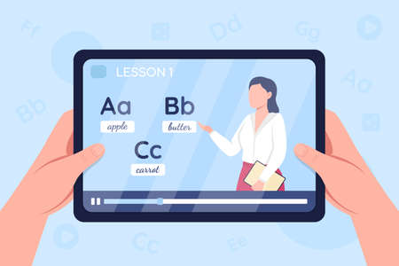 Hands hold tablet with video on english learning class flat color vector illustration. Online tutorial, internet lecture. Teacher 2D cartoon character with language alphabet to study on backgroundのイラスト素材
