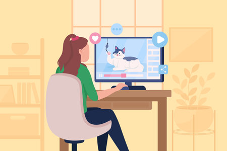 Watching funny viral cat videos flat color vector illustration. Streaming online channels for entertainment. Girl sit at computer desk 2D cartoon character with home room interior on backgroundのイラスト素材