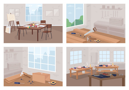 Art and craft workshops flat color vector illustration set. Learn new hobby. Florist shop. Carpentry, woodworking. Classroom 2D cartoon interior with no people on background collectionのイラスト素材