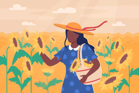 Enjoying sunflowers outdoorのイラスト素材