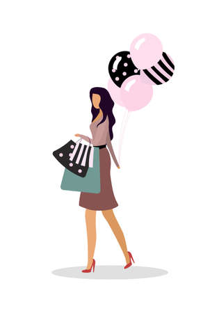 Visiting dress boutique flat color vector faceless character. Air balloons for store opening. Stylish woman with new purchases isolated cartoon illustration for web graphic design and animationのイラスト素材
