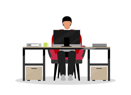 Clerical employee flat color vector faceless character. Performing office tasks. Clerical workstation. Rookie, newbie in workplace isolated cartoon illustration for web graphic design and animationのイラスト素材