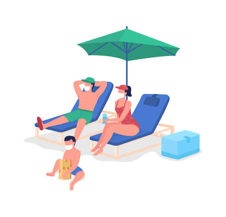 Post-pandemic family vacation flat color vector faceless characters. Parents and kid relaxing on beach. Traveling during pandemic isolated cartoon illustration for web graphic design and animationのイラスト素材