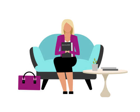 Girl waiting turn for job interview flat color vector faceless character. Going to interview with resume. Employment after college isolated cartoon illustration for web graphic design and animationのイラスト素材