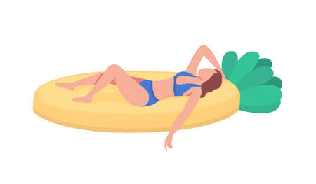 Sunbathing in inflatable pineapple float flat color vector faceless character. Water activity. Swimming pool party isolated cartoon illustration for web graphic design and animationのイラスト素材