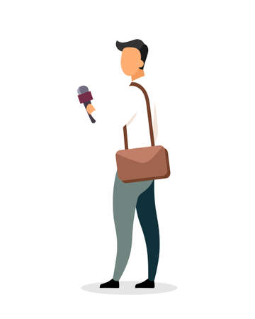 Journalist flat color vector faceless character. Conducting interview. Media reporting. Reportage. Man with microphone isolated cartoon illustration for web graphic design and animationのイラスト素材