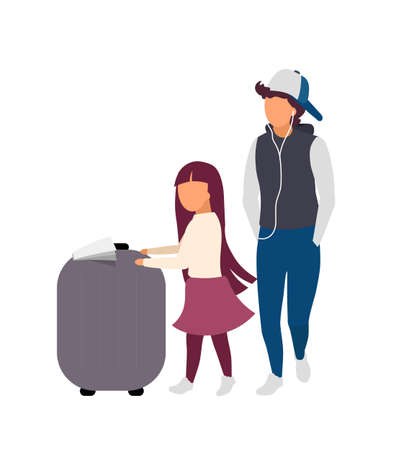 Little girl and teenager with luggage flat color vector faceless characters. Sibling with travel bag waiting for departure isolated cartoon illustration for web graphic design and animationのイラスト素材
