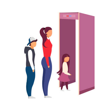 Standing in queue for airport security scan flat color vector faceless characters. Security checkpoint. Traveling with children isolated cartoon illustration for web graphic design and animationのイラスト素材