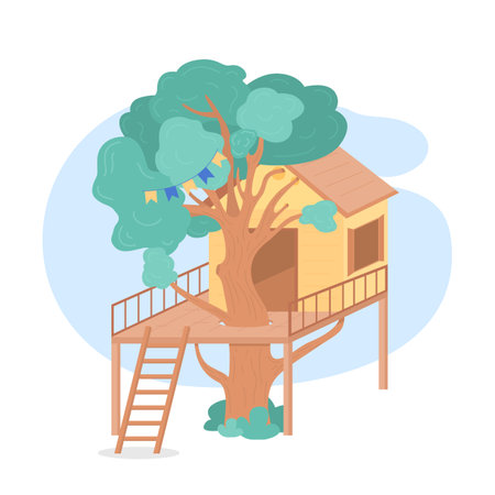 Tree house 2D vector web banner, poster. Children playhouse flat object on cartoon background. Homemade place for kids in backyard. Building treehouse. Treeshed printable patch, colorful web elementのイラスト素材