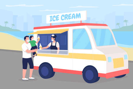 Buying ice cream on beach during pandemic flat color vector illustration. Summer holiday. Sell dessert. Family in face masks 2D cartoon characters with summertime seascape on backgroundのイラスト素材