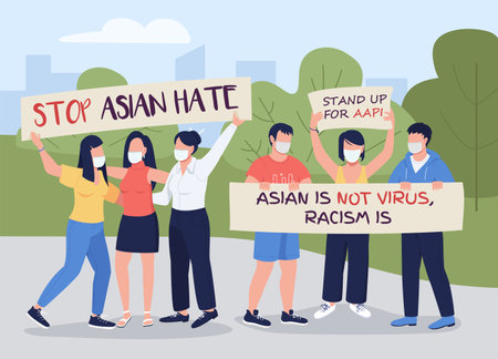 Stop asian hate flat color vector illustration. related attacks, hate crimes prevention rallies. Asian-american activists 2D cartoon faceless characters with green landscape on backgroundのイラスト素材