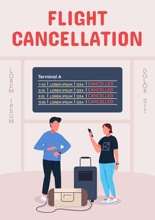 Flight cancellation poster flat vector template. Travel restrictions. Brochure, booklet one page concept design with cartoon characters. Passengers safety and health protection flyer, leafletのイラスト素材