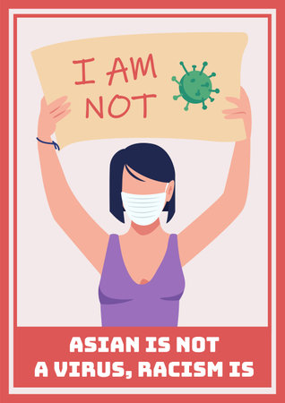Asian is not virus poster flat vector template. Anti-chinese racism. Brochure, booklet one page concept design with cartoon characters. Discrimination against asian-americans prevention flyer, leafletのイラスト素材