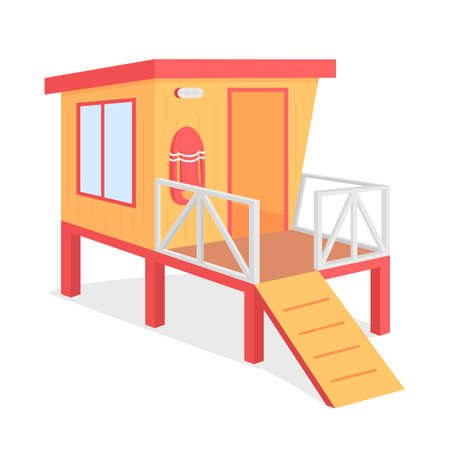 Lifeguard tower flat color vector object. Ocean beach observation place. Summer vacation safety. Lifesaver station isolated cartoon illustration for web graphic design and animationのイラスト素材