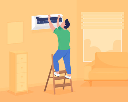 Installing air conditioning in wall flat color vector illustration. Maintaining comfortable temperature indoors. Man checking air conditioner 2D cartoon faceless character with apartment on backgroundのイラスト素材